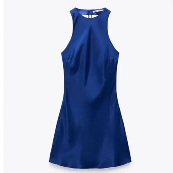 Zara bloggers favorite Blue Satin Effect Jewel Chain Mini Dress Size small - Picture 3 of 16